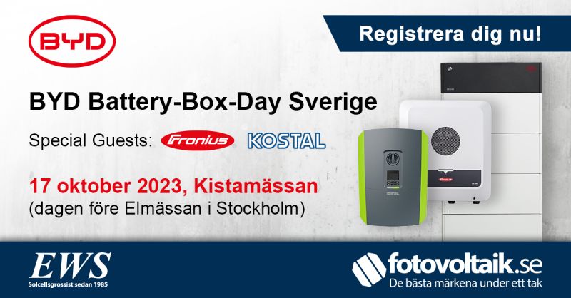 Meet the BYD Battery-Box team and EWS Sverige at the BYD Battery-Box Day 2023 in Sweden. The seminar day will take place on 17 October 2023, at Kistamässan. For more information and registration please visit: bit.ly/46OJwRj #energystorage #batterybox #pv