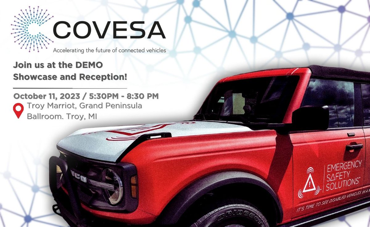 ESS_Help's tweet image. Please join the ESS team at the Connected Vehicle Systems Alliance (COVESA) DEMO Showcase &amp;amp; Reception at the Troy Marriot, Grand Peninsula Ballroom in Troy, MI. 
We will be demoing our life-saving H.E.L.P.® lighting and digital alerts via our Bronco vehicle. 

#ESSHELP #Covesa23