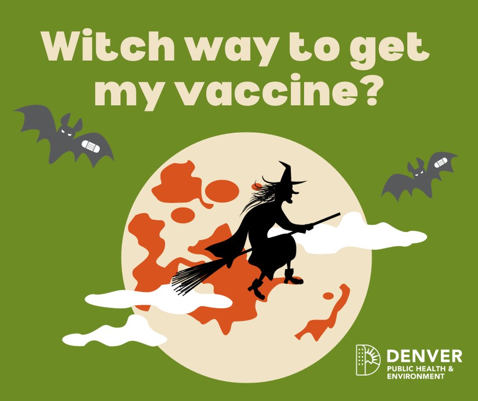 This week is your last chance to get a flu, RSV or COVID-19 vaccine in time to be fully protected by Halloween. 

Ride a broom🧹 to your doctor's office or local pharmacy for your vaccine! #Denver #PublicHealth #COVID19 #Flu #RSV #iVax2Protect