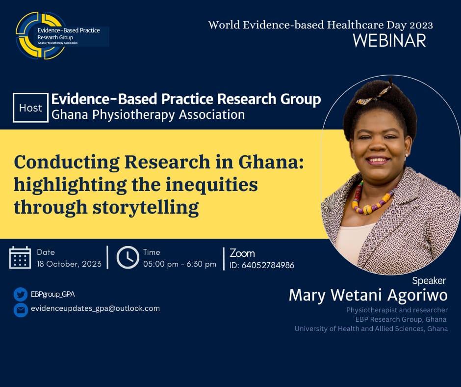 Evidence-Based Practice Research Group-GPA (@ebpgroup_gpa) on Twitter photo As part of the World Evidence-Based Healthcare Day <a href="/WorldEBHCDay/">World EBHC Day</a>, the <a href="/EBPgroup_GPA/">Evidence-Based Practice Research Group-GPA</a> will be hosting a webinar. Kindly join us, as <a href="/marywetani/">MARY WETANI AGORIWO</a> shares her experience in conducting research in Ghana
#WorldEBHCDay #EBPresearchgroup
#GPA As part of the World Evidence-Based Healthcare Day <a href="/WorldEBHCDay/">World EBHC Day</a>, the <a href="/EBPgroup_GPA/">Evidence-Based Practice Research Group-GPA</a> will be hosting a webinar. Kindly join us, as <a href="/marywetani/">MARY WETANI AGORIWO</a> shares her experience in conducting research in Ghana
#WorldEBHCDay #EBPresearchgroup
#GPA