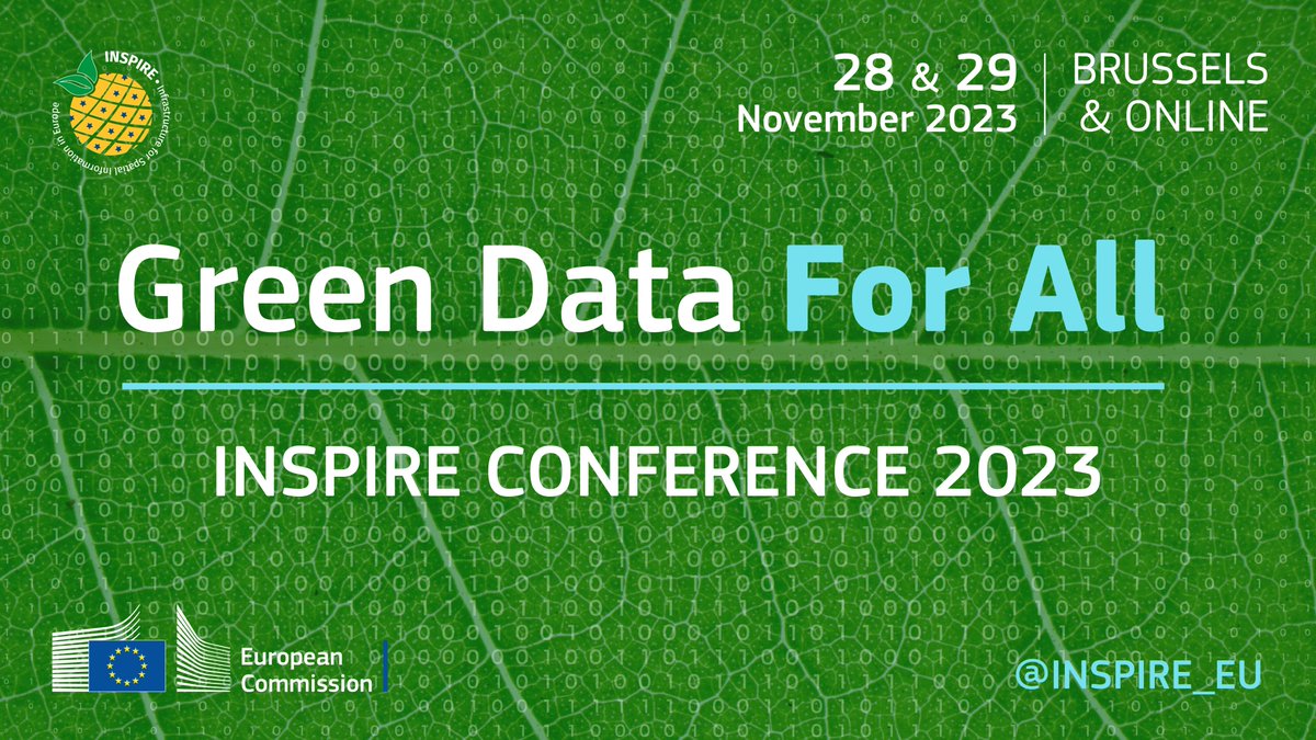📢 Bridge the gap between green🌱 and digital💻!
#INSPIRE23🍍Conference is here!

What’s on the menu?

✅#GreenData4All
✅The #GreenDeal Data Space Universe
✅Supporting the twin green and #DigitalTransition

📍 Brussels&online
📅 28-29 Nov

Join us! ➡️ europa.eu/!Nwvxnp