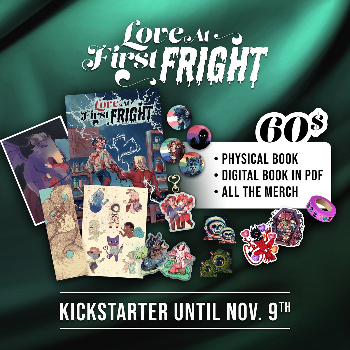 Get the full bundle of the Love at First Fright zine 💚

Includes the physical book as well as 15 pieces of merch from a bunch of talented artists!

Kickstarter ends November 9th 👹
kickstarter.com/projects/curly…