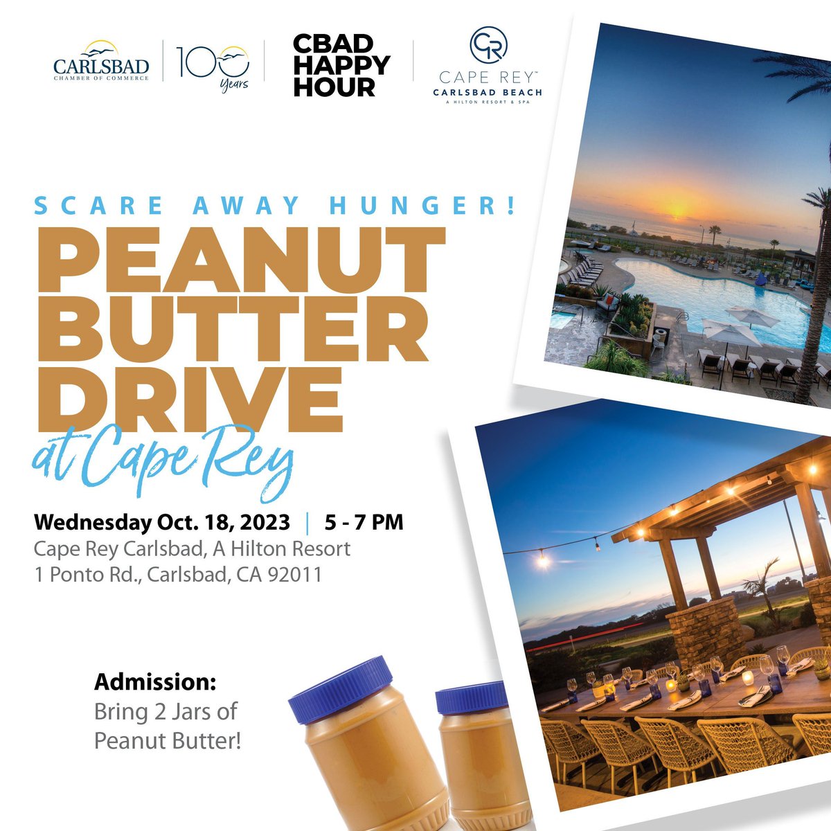 ChamberCarlsbad's tweet photo. Register: https://t.co/30Dh0FY9te Join us for the October Happy Hour on Wednesday, October 18, from 5-7 p.m., Cape Rey Carlsbad,1 Ponto Rd., Carlsbad. Admission: 2 jars of peanut butter in plastic containers to support the North County Food Bank. #caperey #carlsbad #cbadhappyhour https://t.co/l51xGy6vjI