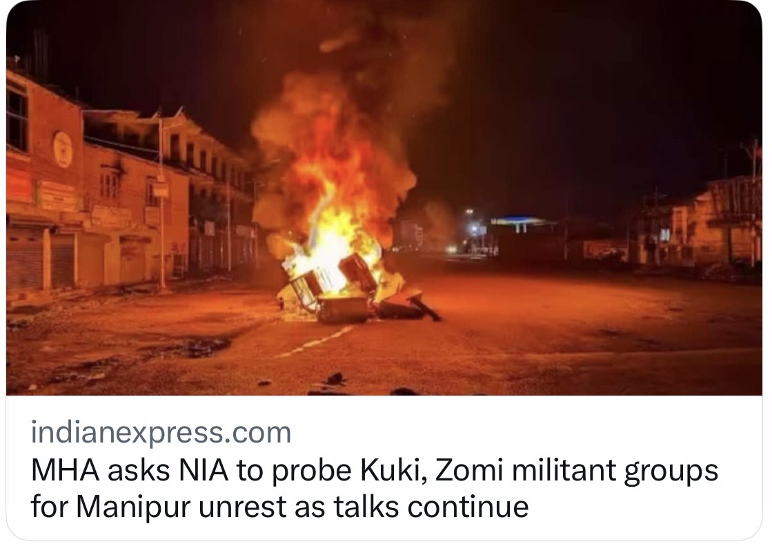 Satsangi3523's tweet photo. This significant development offers hope for the stabilization of the situation in Manipur. The Ministry of Home Affairs (MHA) has directed the National Investigation Agency (NIA) to hold accountable the Kuki National Army, Zomi Revolutionary Army, Kuki National Front, and United Kuki Liberation Army due to their alleged involvement in planning unrest in the state of Manipur. @DeeptimanTY @IndianExpress I Stand 4 Manipur & India. #BigWin4India #BigWin4Manipur #ManipurViolence #Terrorist #IStand4Manipur 

https://t.co/Yy0o97oUKx