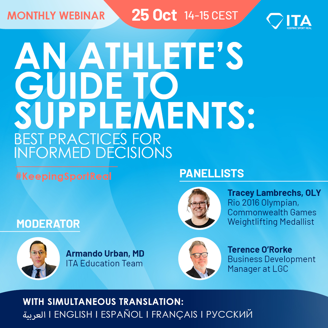 The next ITA webinar: "An athlete's guide to supplements".

To Register: bit.ly/46MUtCz

Are you aware of the risks associated with supplements?

Join us to understand these risks with Olympian Tracey Lambrechs and Terence O'Rorke - Manager at LGC.

#KeepingSportReal