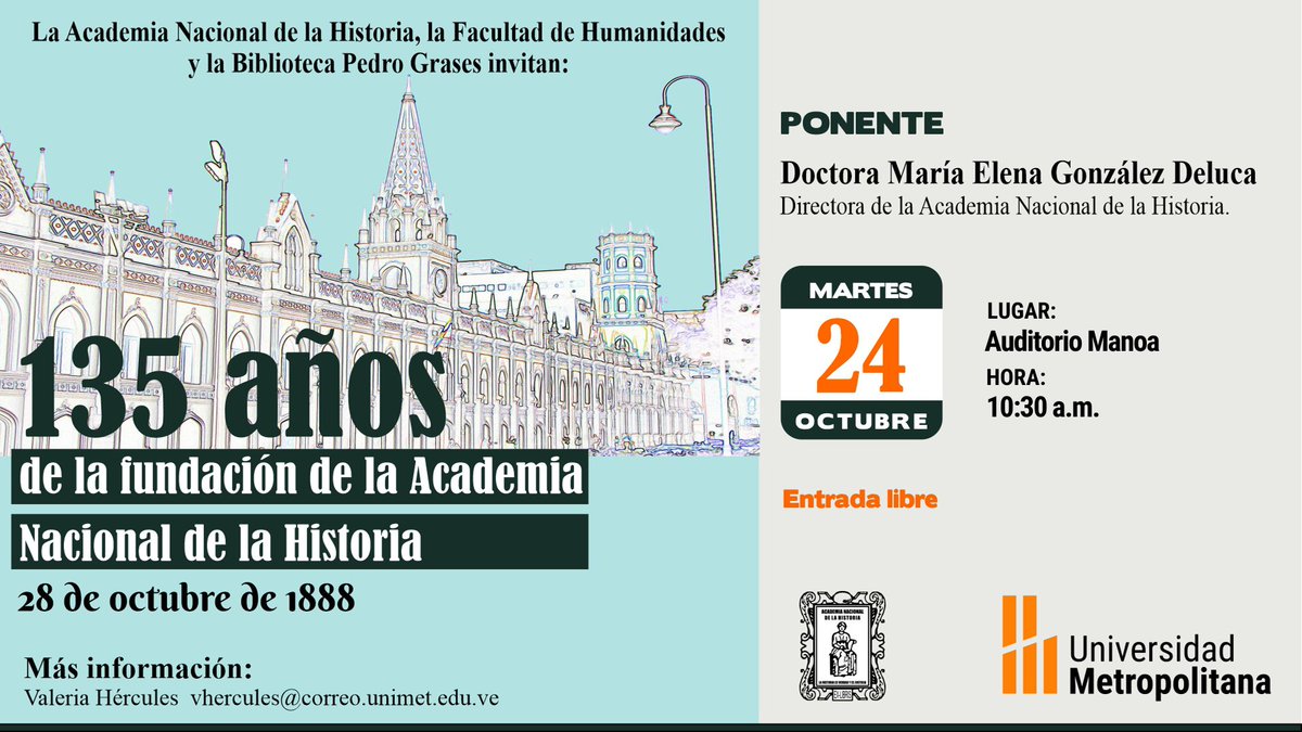 ¡Celebramos los 135 años de la <a href="/anhvenezuela/">Academia Nacional de la Historia</a>! y este #24Oct a las 10:30AM en el auditorio Manoa, su directora, la doctora María Elena González Deluca, nos contará todo sobre esta institución que tanto ha aportado a la historia venezolana. ¡No te lo pierdas!