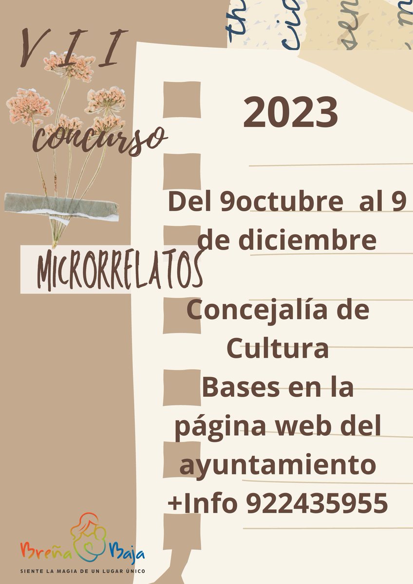 El <a href="/Ayto_bbaja/">Ayuntam. Breña Baja</a>  convoca su Concurso de Microrrelatos “Breña Baja Mágica”. Temática libre,  abierto a toda persona mayor de 14 años, premio único de 400 euros.

¡Participa!

Bases y ficha:
bbaja.es/es/index.php/a…