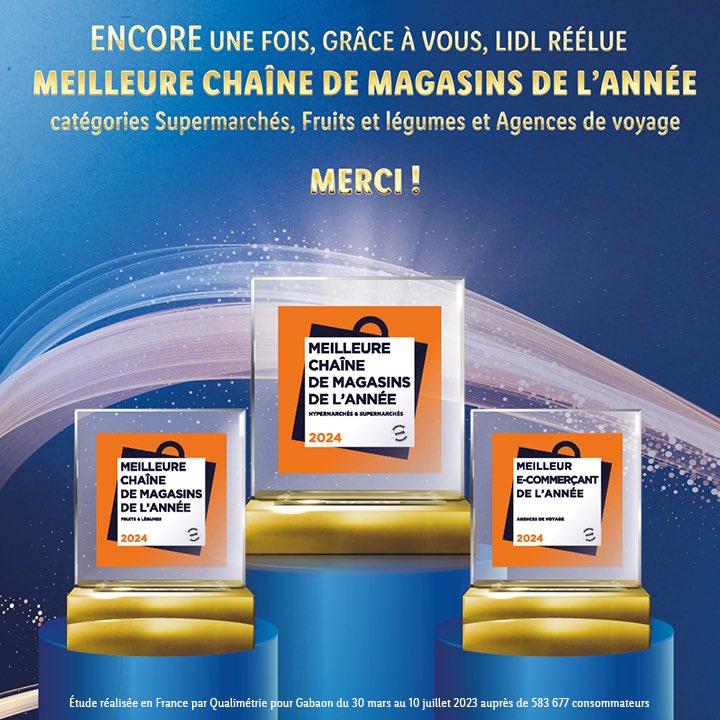 Pas moins de 3⃣ prix pour #Lidl aux trophées <a href="/mchainemagasins/">Meilleure Chaîne de Magasins</a> et <a href="/Webshopdelannee/">Meilleur E-commerçant de l'Année</a> 2024 ! 🏆
 
Merci à tous les votants qui nous ont à nouveau soutenus et récompensés et bien sûr à la #TeamLidl pour son engagement ! 🙌
 
#MCM2024 #MEA2024 #retail