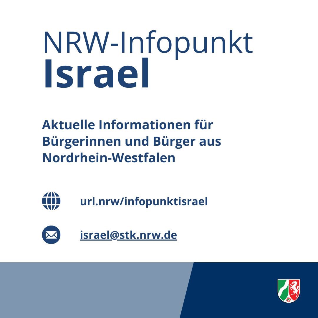 „Um nach den terroristischen Angriffen auf #Israel betroffenen Bürgerinnen & Bürgern aus #NRW auf ihrer Suche nach Informationen Hilfe & Orientierung zu bieten, haben wir den ‚NRW-Infopunkt Israel’ eingerichtet“, so Minister @n_liminski. Infos & FAQ➡️ url.nrw/infopunktisrael