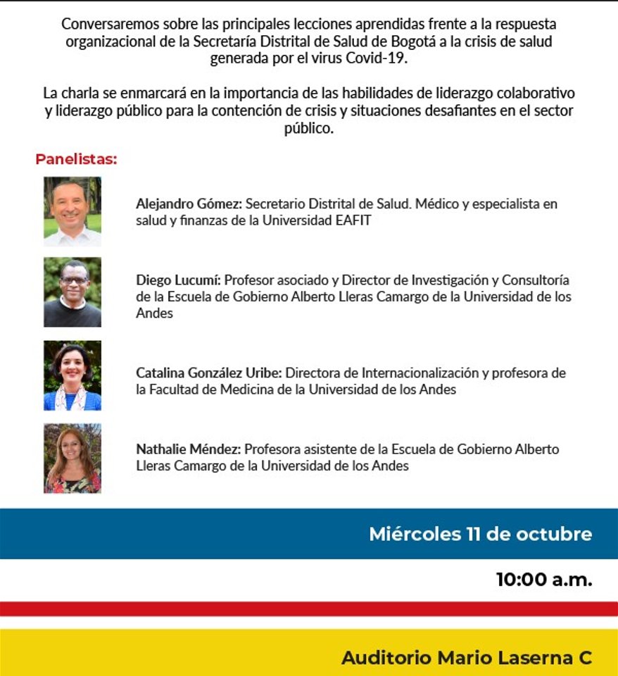 colev_uniandes's tweet photo. La investigadora @catalinagut de @MediUniandes compartirá experiencias y lecciones aprendidas desde la academia por la emergencia de #COVID19 en #Bogota en “Liderazgo en crisis: el caso de la Secretaría Distrital de Salud en la pandemia” en la sede @Uniandes #SoyGobiernoUniandes https://t.co/Ss5SI2UcNU
