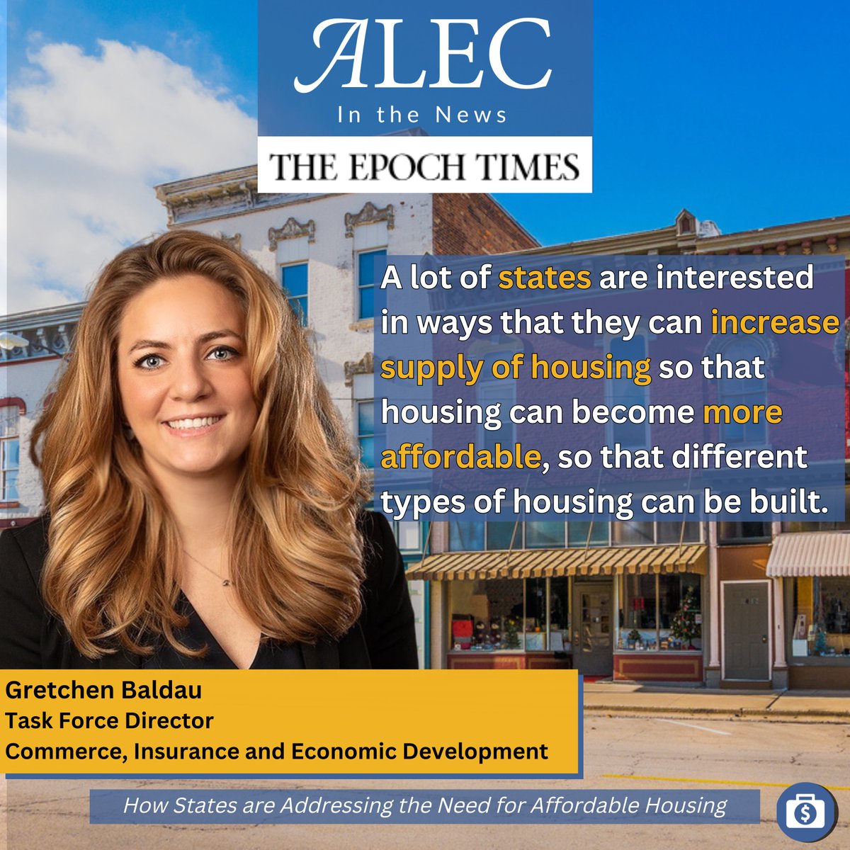 ALEC Highlights: ALEC's @GretchenBaldau was featured in @EpochTimes addressing local options for affordable housing in towns contrasted with federal overreach of the Biden Admin with federal housing grants that limit local voices. #Housing #home #wealth alec.org/article/how-st…