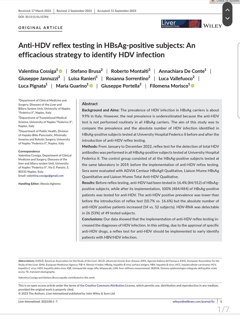 Happy to share our last paper published on <a href="/LiverInt/">Liver International</a> "Anti-HDV reflex testing in HBsAg-positive subjects: an efficacious strategy to identify HDV infection" #liver #livertwitter #OpenAccess onlinelibrary.wiley.com/share/4B9YKDC5…