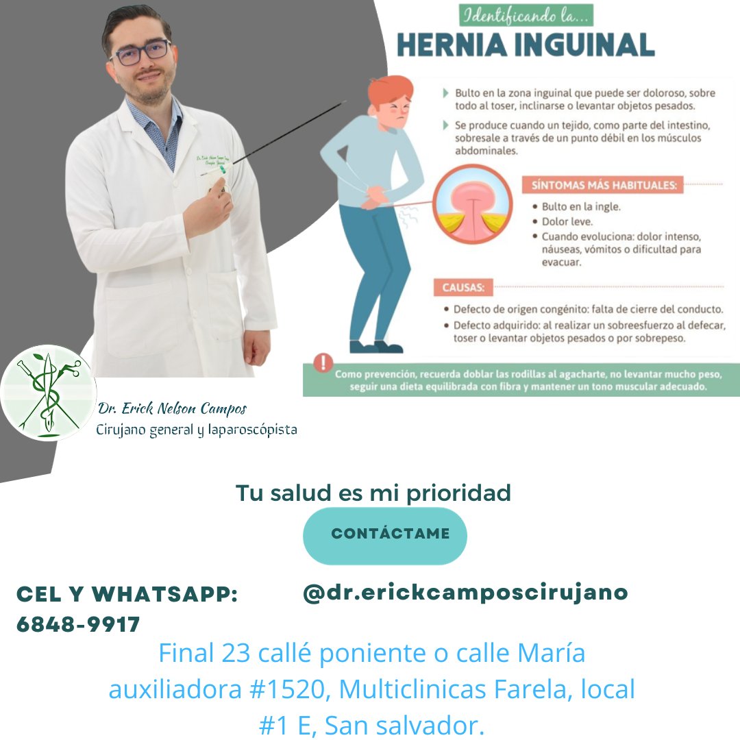 dr_erickcampos's tweet photo. Una hernia es una abertura o área de debilidad en la pared abdominal a través del cuál sale el contenido abdominal.
Tu salud es prioridad, puedes contactarme llamando o escribiendo por Whatsapp al 6848-9917 y encuentranos  Multiclinicas Farela #1520, local #1 E, San salvador. https://t.co/3gCW586lV4