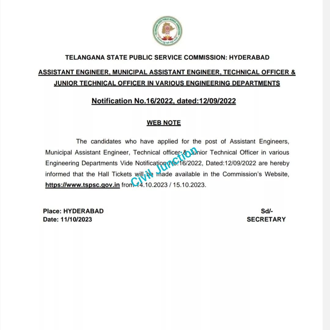 Civil_Junction_'s tweet image. Telangana #TSPSC AE , Municipal #AssistantEngineer admit card available from 14 October 2023