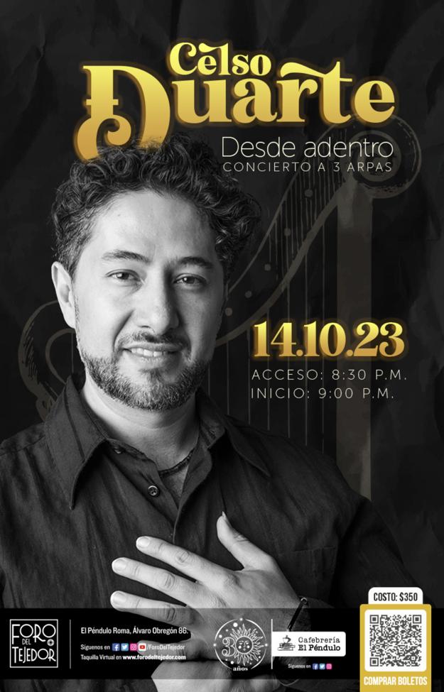 Este próximo Sábado 14 de Octubre los espero en el <a href="/ForodelTejedor/">Foro del Tejedor</a> "Desde adentro" Concierto a 3 Arpas.
Boletos aquí:
forodeltejedor.com/evento/butacas…

#CDMX #celsoduarte
#arpas #conciertos #Octubre2023 #mexico #Cultura #arte #CelsoDuarte