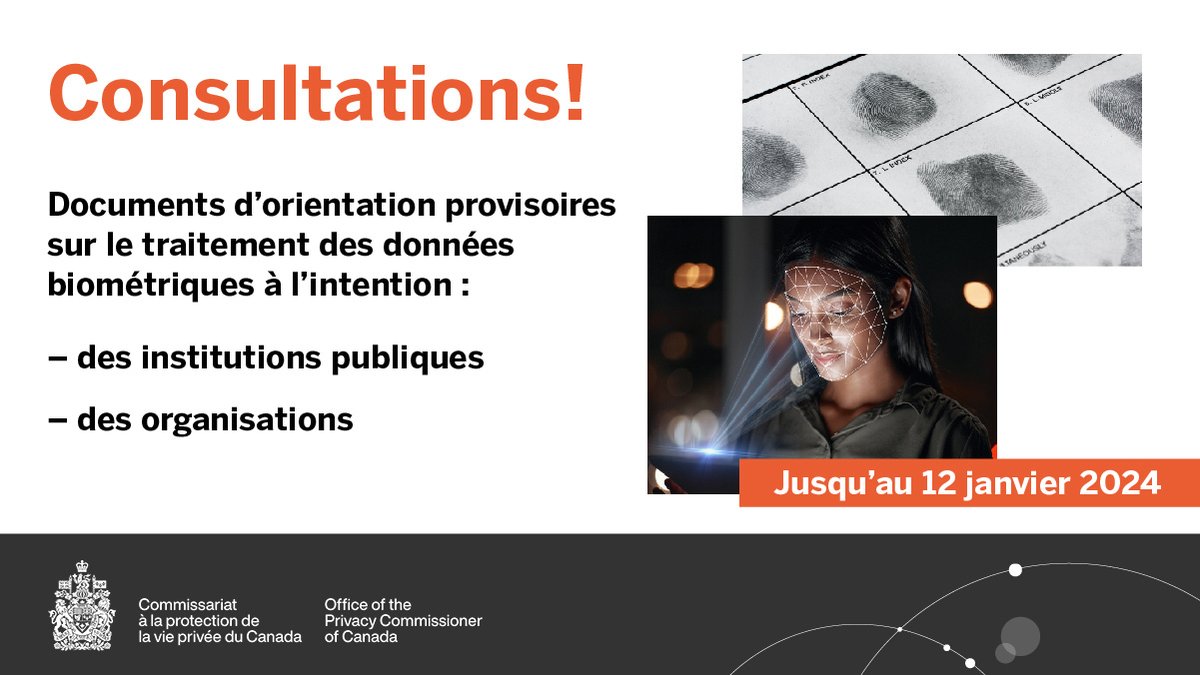 priveeprivacy's tweet photo. Nous invitons les parties prenantes, y compris le public, à nous fournir des observations relativement à 2 documents provisoires sur le traitement des données #biométriques à l’intention des institutions publiques et des #entreprises. 
https://t.co/qtiBeZ1QHW #GC https://t.co/SXzPdbgMEt