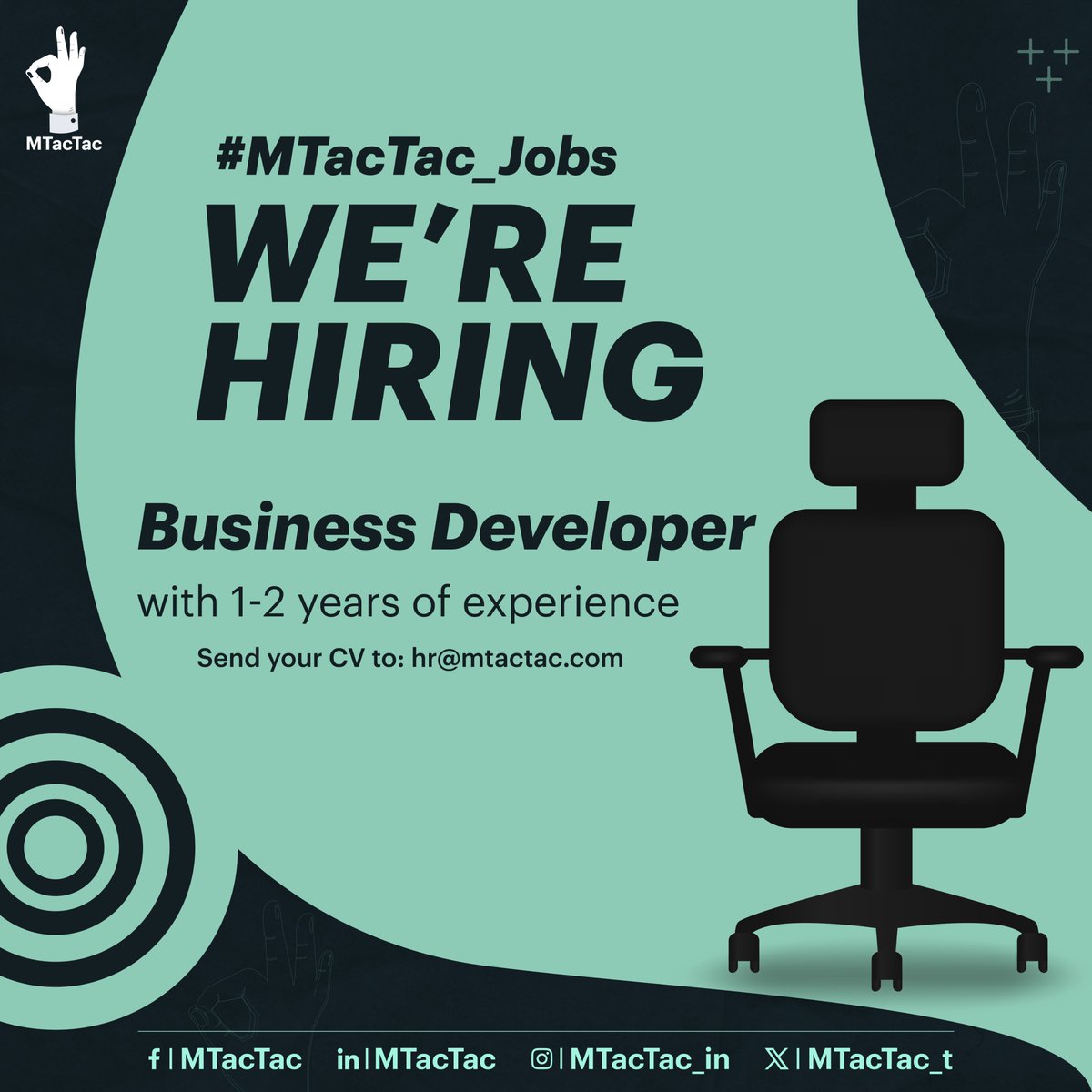 MTacTac_t's tweet image. #Join_our_team! MTacTac is seeking a dynamic Business Developer
with 1-2 years of experience in Business 
In order to apply, send your CV to this email hr@mtactac.com with the subject line &quot;Business Developer&quot;
#Business_Developer #hiring #MTacTac_Jobs
#Be_The_Best #Be_MTacTac