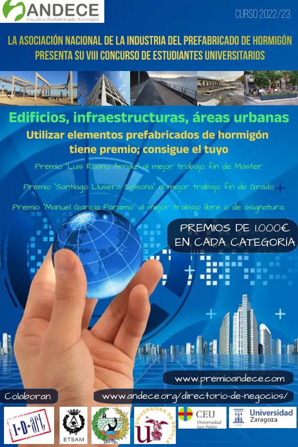 El 31 de octubre a las 12.30 se realizará el acto de entrega de los premios del VIII Concurso de <a href="/andece_general/">PrefabricadoHormigón</a> en la Escuela Técnica Superior de Arquitectura de la <a href="/La_UPM/">Universidad Politécnica de Madrid</a> El premio trabajo Fin de Máster “Luis Ruano Arnaiz” ha sido otorgado a Iván Rando Campos po. ¡Enhorabuena!