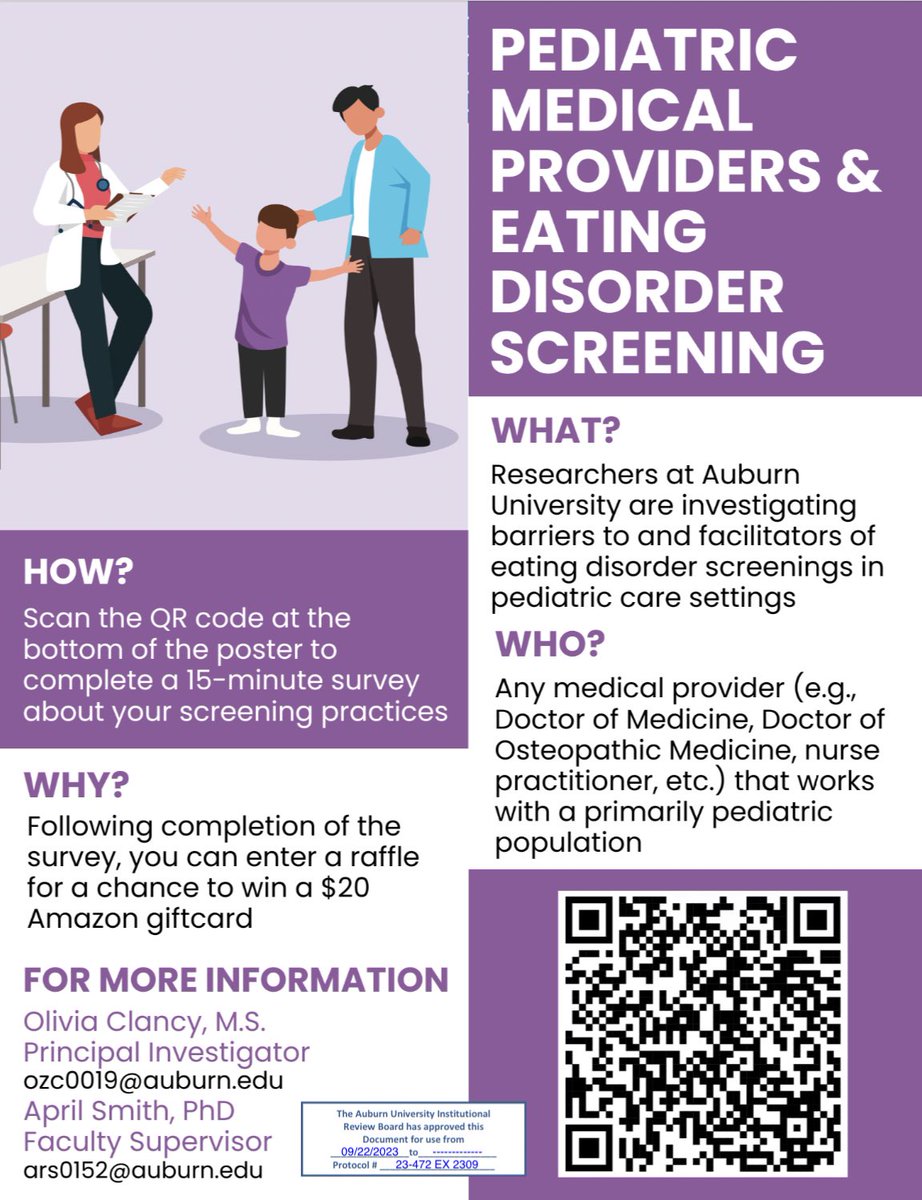 oliviamclancy's tweet photo. Calling all medical providers that work in #Pediatrics ! My first independent study @REDSLabAuburn is *officially* approved and recruiting pediatric medical providers to complete a brief survey about their ED screening practices. See below for more info! https://t.co/y3J0QuPBC3