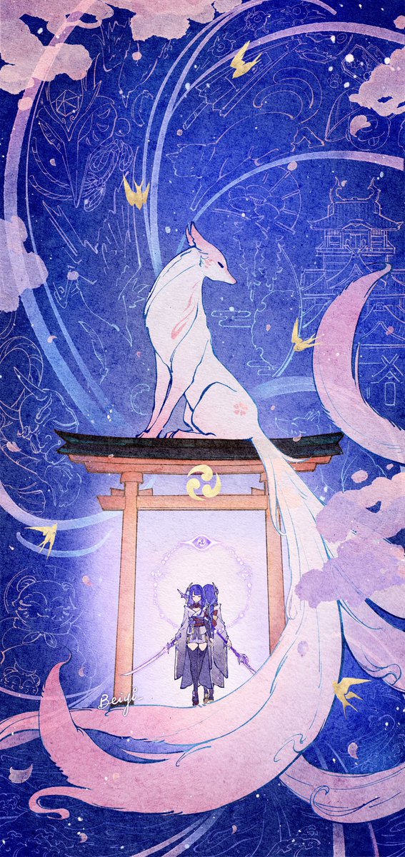 raiden shogun torii fox long hair purple hair 1girl japanese clothes weapon  illustration images