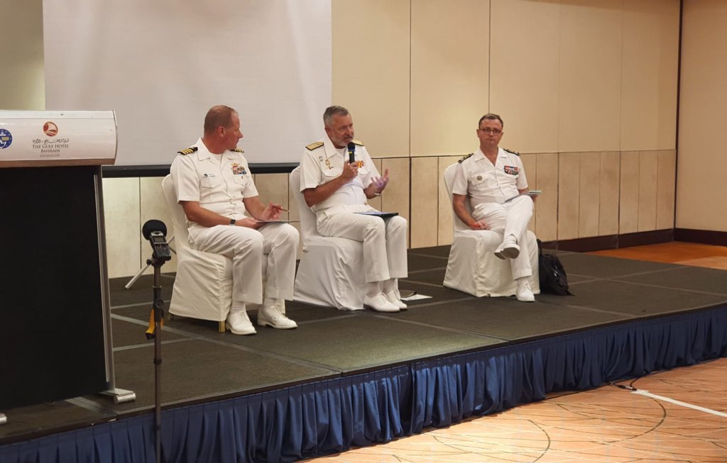 EUNAVFOR's tweet photo. @EMASOH_AGENOR @MartinCInglott @CrimarioII @Info_Fusion_Ctr @conflictarm @IMOHQ @OpComd_EUNAVFOR VADM Nuñez, @EMASOH_AGENOR Operation Commander VADM Slaars and CAPT Devore from @CMF_Bahrain spoke about different topics including how Maritime Security is a common goal for all of their Operations.
#SHADE51 https://t.co/C8Wy3eZDJG