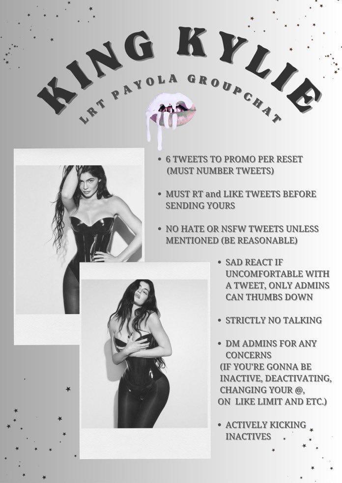 KING KYLIE PAYOLA PROMO GC IS RECRUITING ACTIVE MEMBERS! 

• MBF <a href="/KingKyLikes/">KING KYLIE LIKE & RETWEET</a>  and ALL admins (check bio)

• RT &amp; reply your @ to be added

• NO hate/slander/ratio tweets allowed

• Catch up through our timeline! 

• 6 posts per reset.