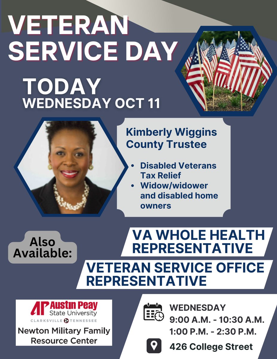 Come see us TODAY! Not only do we have Ms. Kimberly Wiggins, we also have Mr. Baxter with VA Whole Health, as well as our very own Veteran Service Office representative to help with VA claim status and questions!
#veterans #militaryaffiliated #apsu #supportingyou #veteranaffairs
