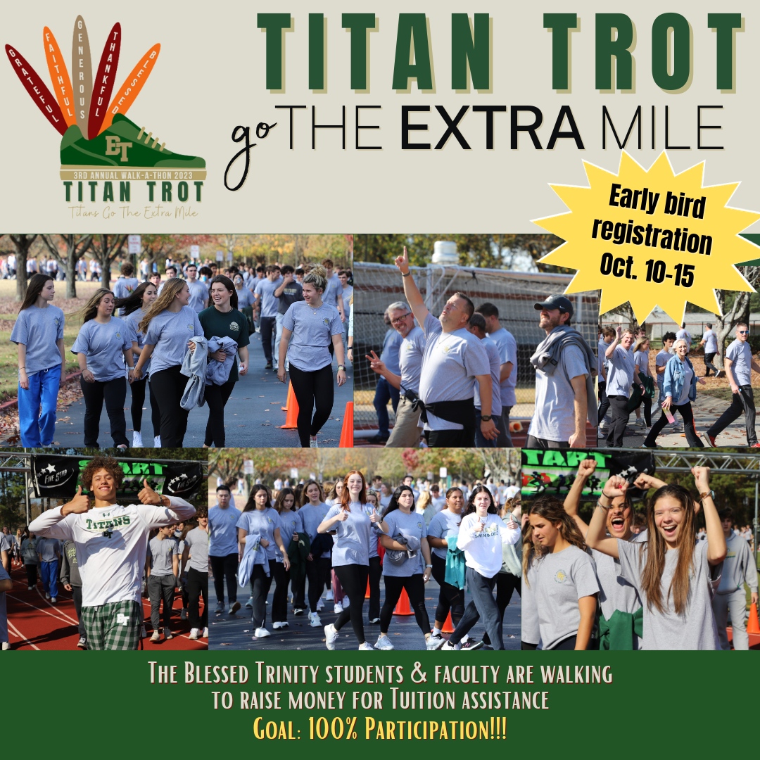 𝐑𝐞𝐠𝐢𝐬𝐭𝐫𝐚𝐭𝐢𝐨𝐧 𝐟𝐨𝐫 𝐓𝐢𝐭𝐚𝐧 𝐓𝐫𝐨𝐭 𝟐𝟎𝟐𝟑 is now open! We are excited to host our 3rd annual Titan Trot on Tuesday, November 7. Please visit btcatholic.org/support-bt/tit… for details &amp; to register.