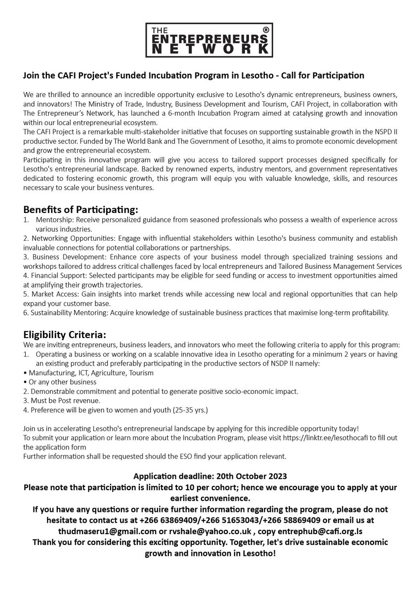 cafiproject's tweet photo. OPPORTUNITY for all startups and MSME apply for a 6 month incubation to take your business to the next level!!! Find the ESO fit for your business operations and apply on or before the 20th October.Terms and conditions apply https://t.co/Prx0qjKlyZ #CAFI https://t.co/ZEdCwKvF66