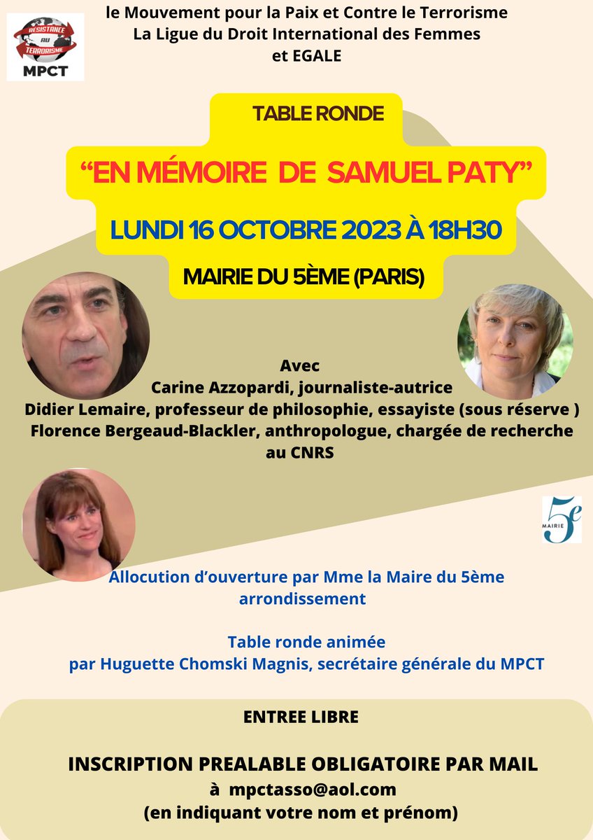 Le lundi 16 octobre à 17h00 la Fédération française du #DROITHUMAIN participe à l'hommage rendu à Samuel Paty - square #SamuelPaty #paris. La cérémonie sera suivie d'une table ronde dans la Mairie du 5e arrondissement.
En savoir + : urlz.fr/nYZg