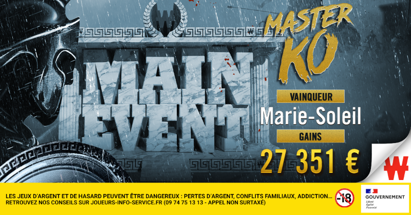 Winamax's tweet photo. ⚔️ Marie-Soleil les a tous cramés en finale du #MainEventMasterKO. Attention, ne regardez pas la main n°19 du replay sans vous protéger les yeux. ⤵️