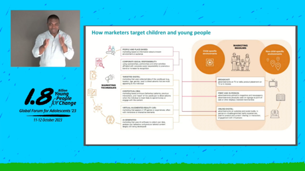 NickyJGray's tweet photo. Really interesting session in the #1point8 Global Forum on NCDs and marketing - Excellent point made by @GabrielMCortez that 'culture shift precedes policy shift', and adolescents can lead culture shift as history shows @PMNCH @NCDChild @GlobalNCDsUK @UNESCOchairGHE @IAAHglobal https://t.co/yBMUwURdpi