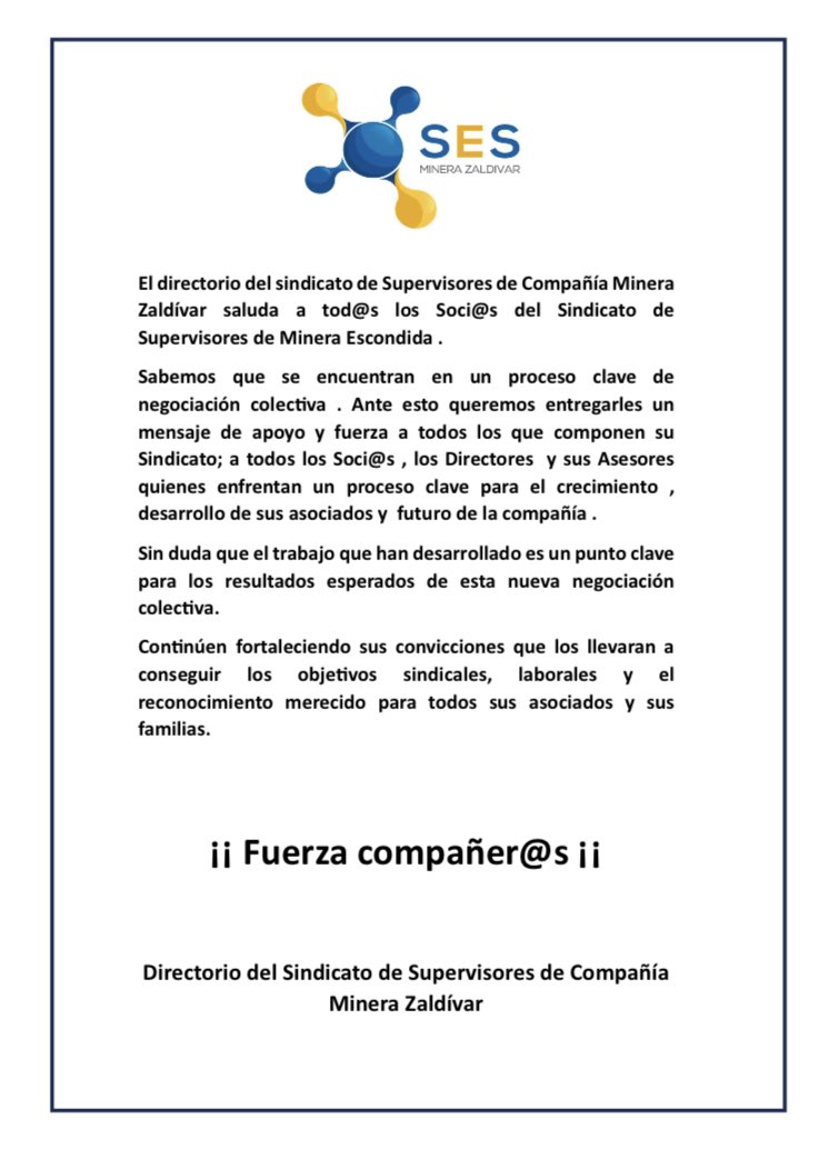 ✅💪🏻 El Sindicato de Supervisores de Minera Zaldivar l
<a href="/SinSup_Zaldivar/">SInd_Sup_Zaldivar</a> envía su apoyo a supervisores/as de Minera Escondida <a href="/bhp/">BHP</a> <a href="/MineraEscondida/">Minera Escondida</a> para lograr sus objetivos en esta Negociación Colectiva

¡Adelante supervisores!
