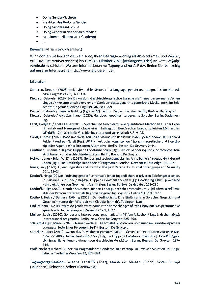 SebiZollner's tweet photo. 1/2 📢 Verlängerter Call for Papers für die #ALP2024-Jahrstagung an der Ruhr-Universität Bochum mit Schwerpunkt auf #Genderpragmatik.  
⏰ Deadline für Abstracts (max.  350 Wörter): 31.10.23
📅 27.02.2024
Infos: https://t.co/tOTCIFCPRk
Einreichungen an: kontakt@alp-verein.de
1/2 https://t.co/v86G8WMxRS