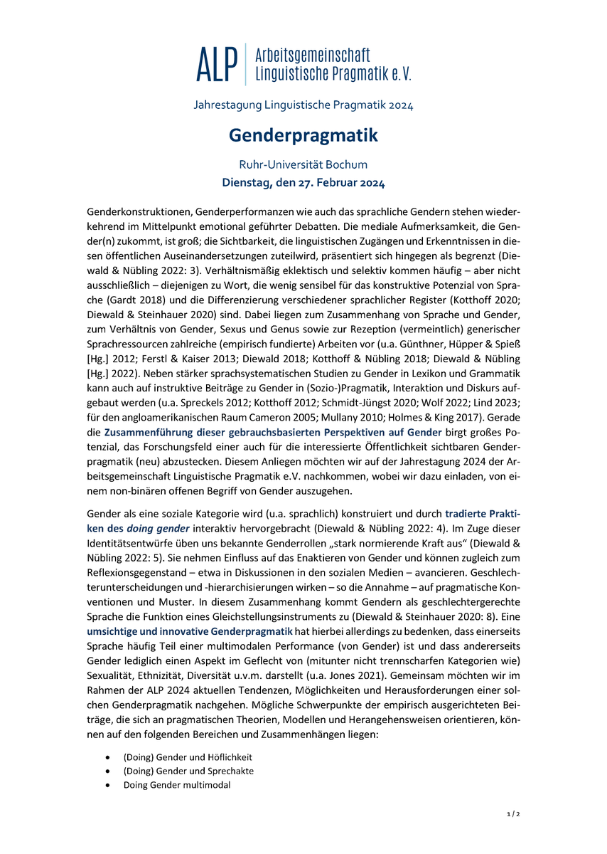 SebiZollner's tweet photo. 1/2 📢 Verlängerter Call for Papers für die #ALP2024-Jahrstagung an der Ruhr-Universität Bochum mit Schwerpunkt auf #Genderpragmatik.  
⏰ Deadline für Abstracts (max.  350 Wörter): 31.10.23
📅 27.02.2024
Infos: https://t.co/tOTCIFCPRk
Einreichungen an: kontakt@alp-verein.de
1/2 https://t.co/v86G8WMxRS