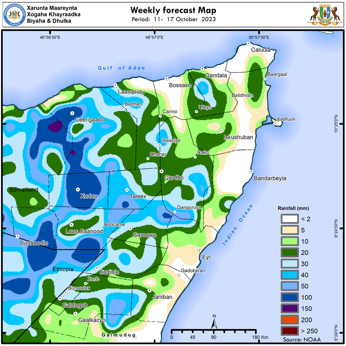 🌧️ Rainfall Forecast 11–17 Oct: Moderate rain is expected (20–50 mm) in most regions. Cayn, Sool, Sanaag, Nugaal, and Karkaar would likely receive (100 mm) of rain. 🚨 Buuhoodle, Taleex, Xudun, Ceerigaabo, Qardho, and Dangoroyo communities are advised to take care until Oct 17.