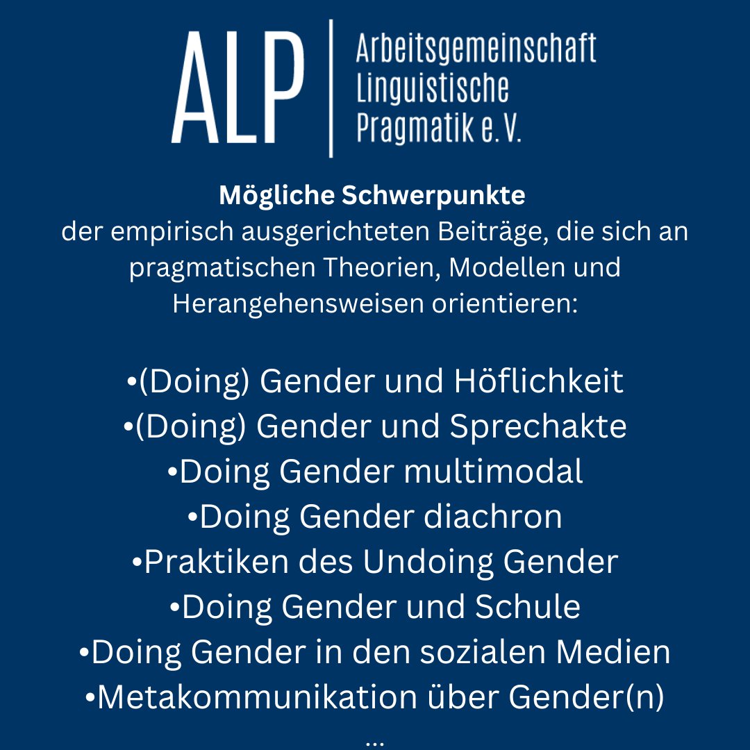 SebiZollner's tweet photo. 2/2 🔑Keynote von Dr. Miriam Lind (Frankfurt).  Wir laden Forschende ein, empirisch fundierte Beiträge zu verschiedenen Aspekten der Genderpragmatik einzureichen. Wir freuen uns auf Ihre/Eure Abstracts!
#ALP2024 #Linguistik #Pragmatik #Sprachwissenschaft

@ALP_Verein
2/2 https://t.co/1SYzNmdn3n
