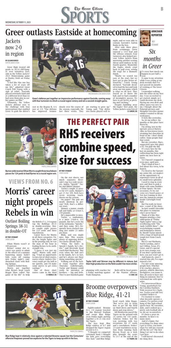 THIS WEEK:

🐝/🦅 POVs from Greer’s tight 28-14 win over Eastside at Dooley

🗡️ Views from No. 6: Ethan Morris’ career night leads Byrnes to 2OT win over Boiling Springs

🛡️The Perfect Pair: Riverside’s top two receivers combine speed and size for success

+ much more…