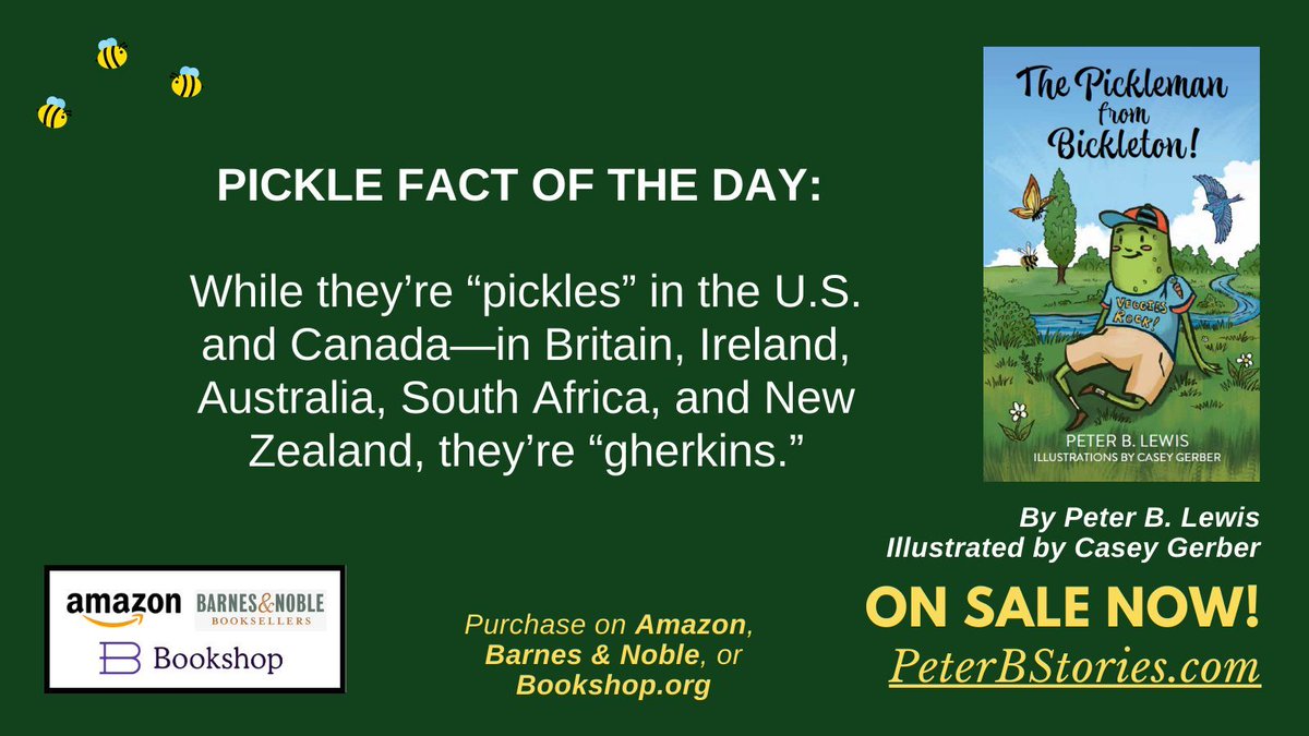 Did you know? While they are called "pickles" in the U.S. and Canada, in Great Britain, Ireland, Australian, South Africa, and New Zealand, they're called "gherkins!"

#Picklefacts #Foodfacts #Kidlit