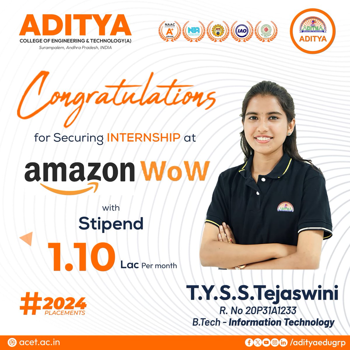 We're thrilled to announce that our fellow, T Tejaswini, has secured an internship at Amazon Wow 🚀 with a stipend of 1.10 Lac per month! 🌟 Congratulations, Tejaswini, for this remarkable achievement. #Aditya #AmazonWow #AmazonInternship #SuccessStory #AchieveWithAditya
