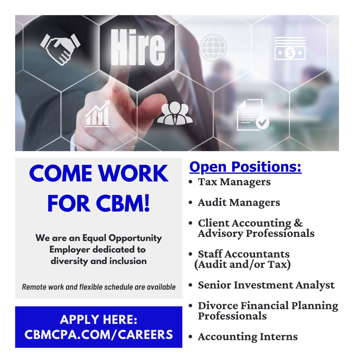 Ready to change your life for the better? CBM has various open positions just for you! With exceptional benefits, competitive pay and a progressive work environment, working with us is the career decision you are meant to make.

Visit ow.ly/tL1850LWArA to learn more.