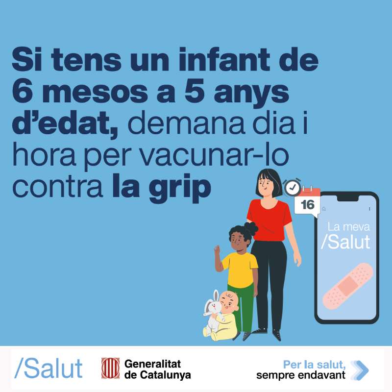 🧒💉 Si tens infants de 6 mesos a 5 anys, a partir del 16 d'octubre podràs demanar dia i hora a citasalut.cat per vacunar-los contra la grip.

👶 Si tens un nadó menor de 6 mesos, el pots immunitzar contra la bronquiolitis. Rebràs un SMS per demanar cita al CAP.