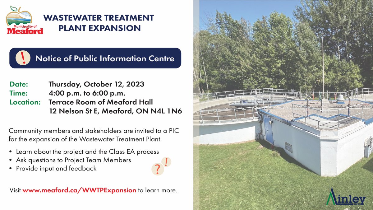 AinleyGroup's tweet image. We look forward to sharing with community members and stakeholders the design alternatives and next steps to expand the @Meaford Wastewater Treatment Plant to meet the growing community's needs. Join us tomorrow at 4pm at Meaford Hall.  #PIC #WWTP #Engineering