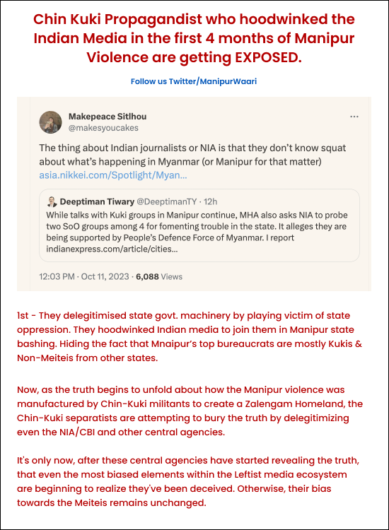 ManipurWaari's tweet photo. As the truth starts unfolding, Chin Kuki Separatist gang are sh**ng their pants

After their attempt to delegitimize Manipur state govt, (Indian media believed'em for 4 mnths), now they r turning against Central agencies &amp; Indian media

#ManipurFightsBack #Imphal #KukiLies https://t.co/qzt5h5nXTQ