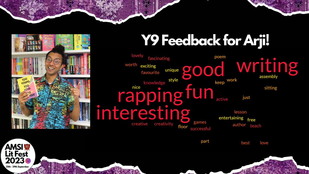 amsi_library's tweet photo. Student feedback for LitFest 2023! We gathered up all the year groups comments and put them into word clouds! We're really happy with the positivity from our students - Thank you all so much again!✏️🌤️

@RaymondAntrobus @mikebmann @TheLeano @Zohra3Nabi 

@AMSI_school @IslingtonBC https://t.co/It4sdKihy2