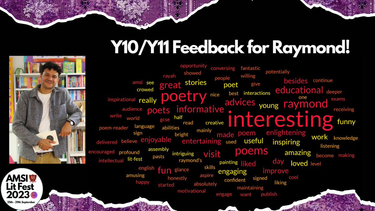 amsi_library's tweet photo. Student feedback for LitFest 2023! We gathered up all the year groups comments and put them into word clouds! We're really happy with the positivity from our students - Thank you all so much again!✏️🌤️

@RaymondAntrobus @mikebmann @TheLeano @Zohra3Nabi 

@AMSI_school @IslingtonBC https://t.co/It4sdKihy2