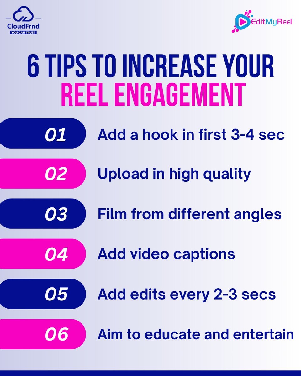 cloudfrnd's tweet photo. ⬆️Tips to Boost Your Reel Engagement🚀🎦

💬DM US📩 To Transform Your Raw Footage Into Engaging Reels &amp; Short

Follow @cloudfrnd For More Updates Like This😃👍

#cloudfrnd #editmyreels #tips #reelengagement #trendingreels #instagramreels https://t.co/NuX3JjI04e