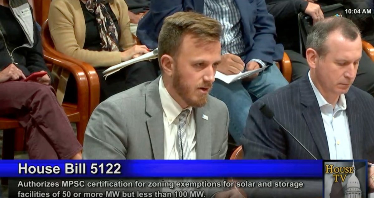 MI_EIBC's tweet photo. Our Director of Policy, Justin Carpenter, just testified with Scott Viciana from EIBC member, @VENTOWER, in support of HB 5120-5123 -> @AbrahamAiyash @RanjeevPuri @philipskaggs  

This legislation would streamline &amp; improve the #siting of wind, solar, and energy storage projects. https://t.co/R742tcJMfM