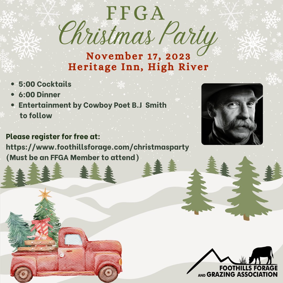 Are you an FFGA member? If so, we are having a Christmas party and you're invited!! Join FFGA board & staff on November 17, 2023 for a celebration of the holidays🎅 with entertainment by Cowboy Poet B.J Smith. Please register at: foothillsforage.com/christmasparty