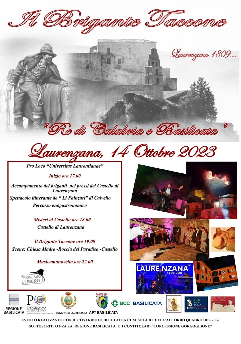prolocobas's tweet photo. La Pro Loco Di Laurenzana organizza la suggestiva #rievocazionestorica 《 Il Bringante Taccone - Re di #Calabria e #Basilicata 》
Sabato 14 ottobre 2023 ore 17 #Laurenzana
✅️ Ente Pro-Loco Italiane #prolocobasilicata 
#proloco #Basilicata #Lucania #valcamastra https://t.co/F9fPQcClHk